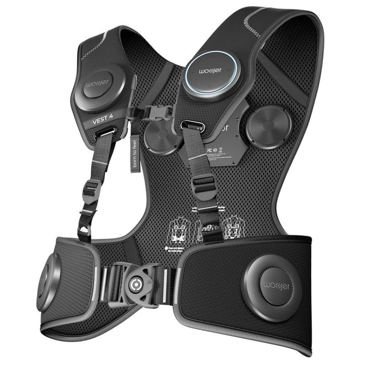 Angled view of the Woojer Vest 4 haptic vest showing its adjustable shoulder straps and wraparound vibroacoustic waist belt