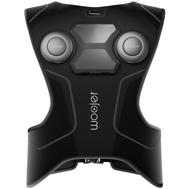 Back of the Woojer Vest 4 haptic vest with two rear haptic zones and a USB-C port on this wearable vibroacoustic vest