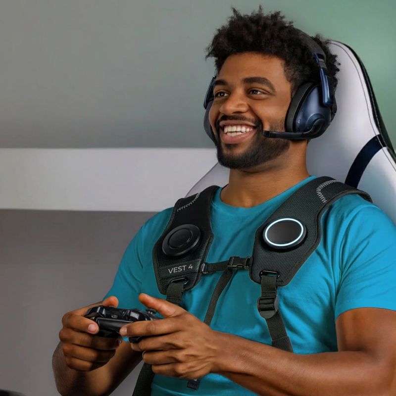 Gamer smiling in a gaming chair while wearing the Woojer Vest 4 haptic vest, feeling console game audio as full-body sensation