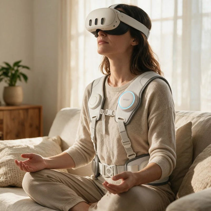Woman meditating on a couch with a VR headset while wearing the white Woojer Vest 4 haptic vest Made for Meta edition for vibroacoustic relaxation
