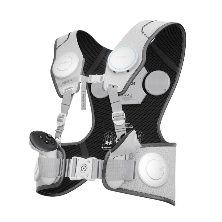 Angled view of the white Woojer Vest 4 haptic vest Made for Meta edition with VR controllers held at the waist and six vibroacoustic haptic zones