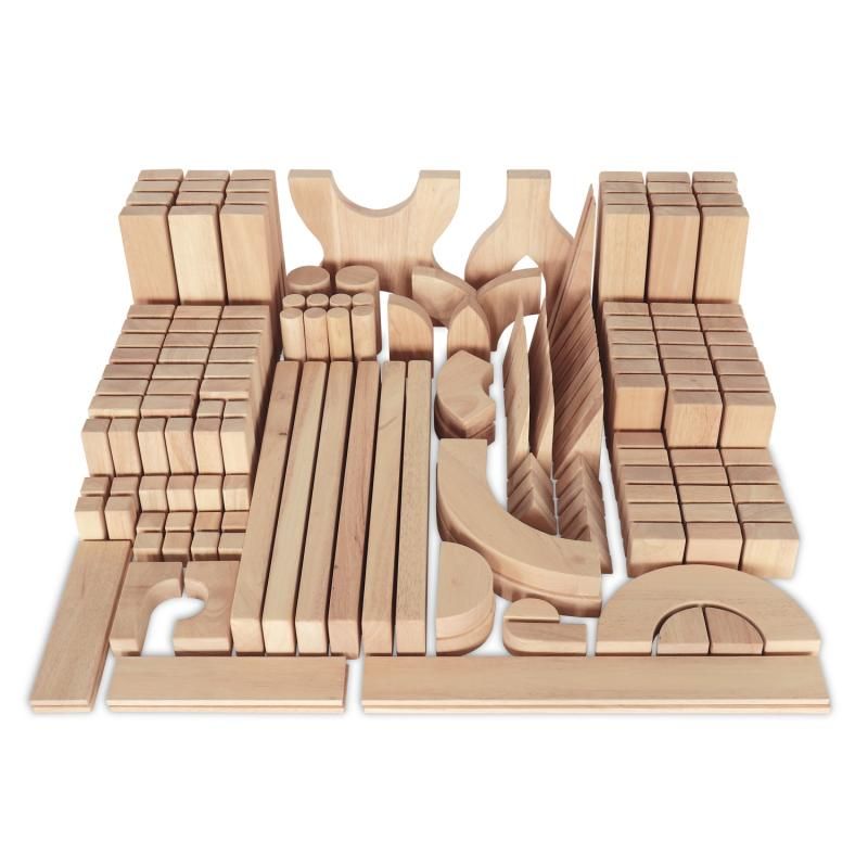 Whitney Brothers 170 Piece Quarter Unit Block Set laid out in full, showing hardwood unit blocks in arches, curves, cylinders, triangles and long planks, a natural finish wooden building block set for classroom block play