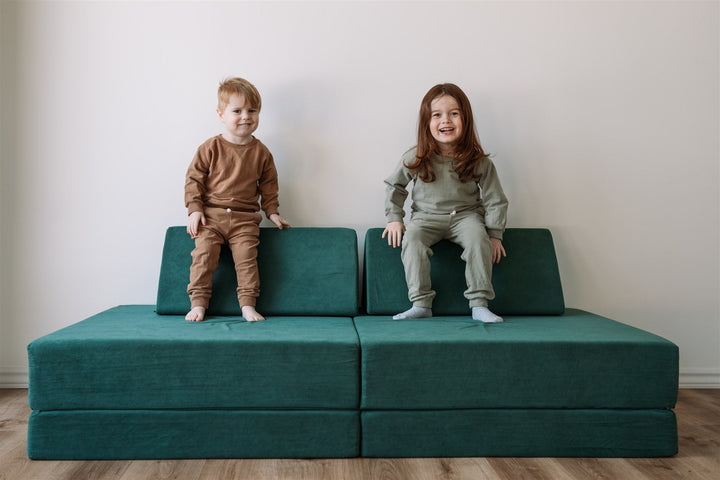 Kiddie Couch emerald green kids playing