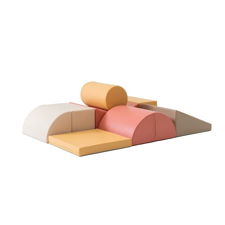 IGLU Adventurer Soft Play Set in Pastel Pink, assembled with arch tunnel, cylinder and ramp for climbing and crawling