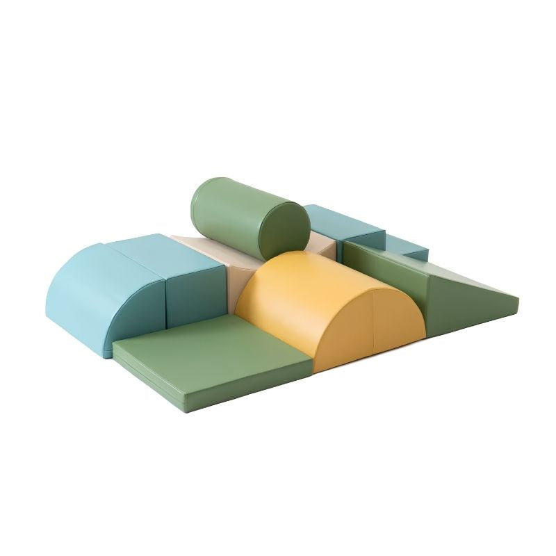 IGLU Adventurer Soft Play Set in Pastel Turquoise, assembled with arch tunnel, cylinder and ramp for climbing and crawling