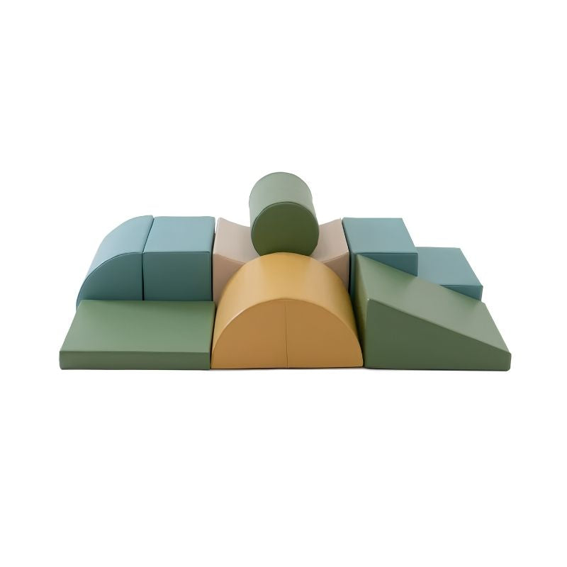 IGLU Adventurer Soft Play Set in Pastel Turquoise shown front-on, a modular foam activity set with ramp, arch and cylinder