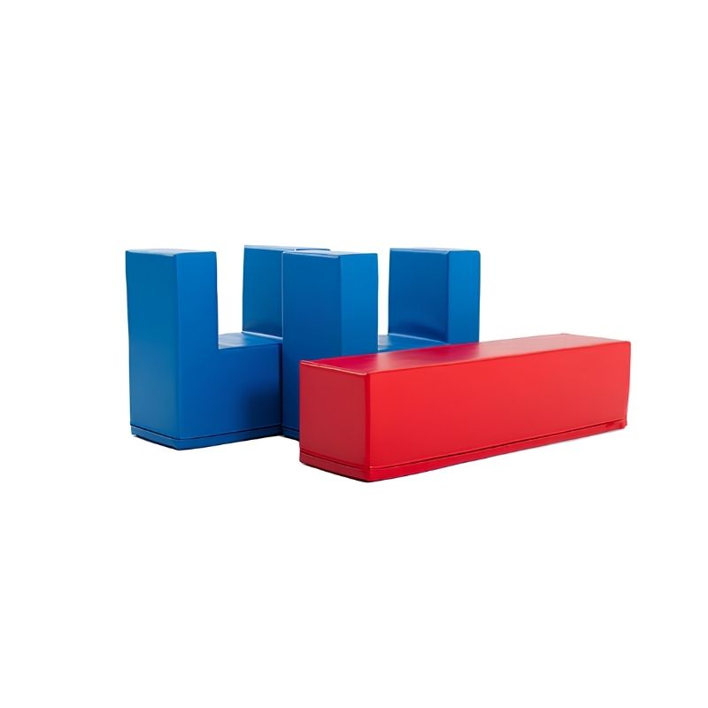 IGLU Balance Bridge two-piece foam set shown disassembled in blue and red