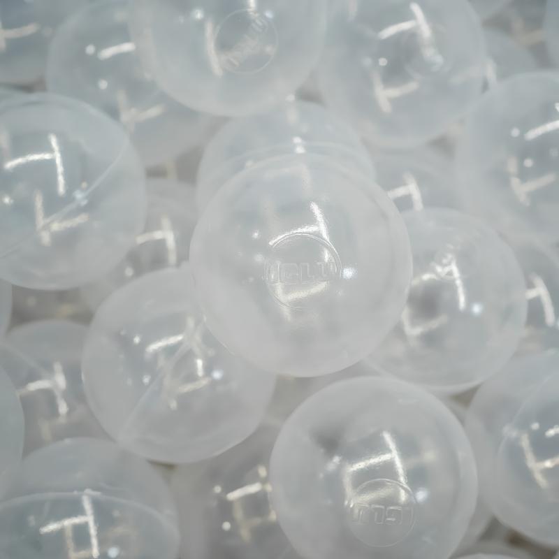 IGLU Ball Pit Balls 500pc in Transparent, a close-up of 500 clear 7cm ball pit balls suited for LED ball pools, light table play, and visual sensory stimulation environments