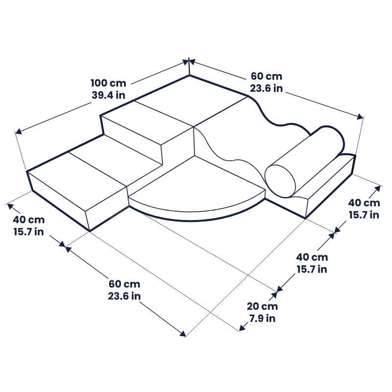 Dimension diagram of the IGLU Explorer Soft Play Set showing footprint, height and shape measurements in centimetres and inches