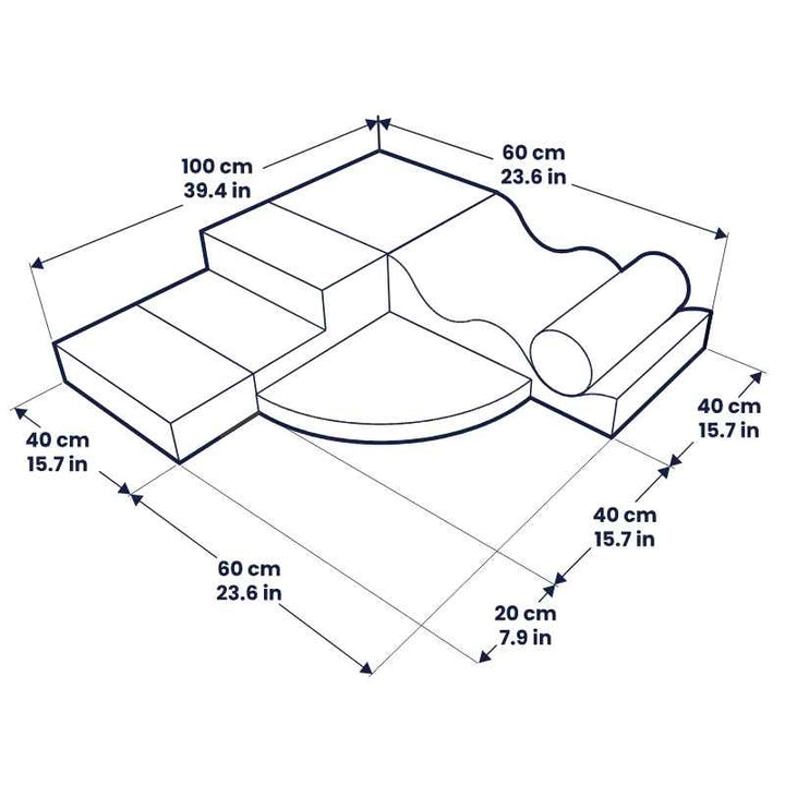 Dimension diagram of the IGLU Explorer Soft Play Set showing footprint, height and shape measurements in centimetres and inches