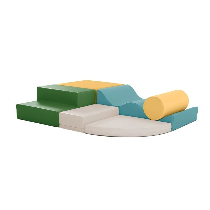 IGLU Explorer Soft Play Set in a green, yellow and teal colourway, six foam shapes for toddler climbing and crawling