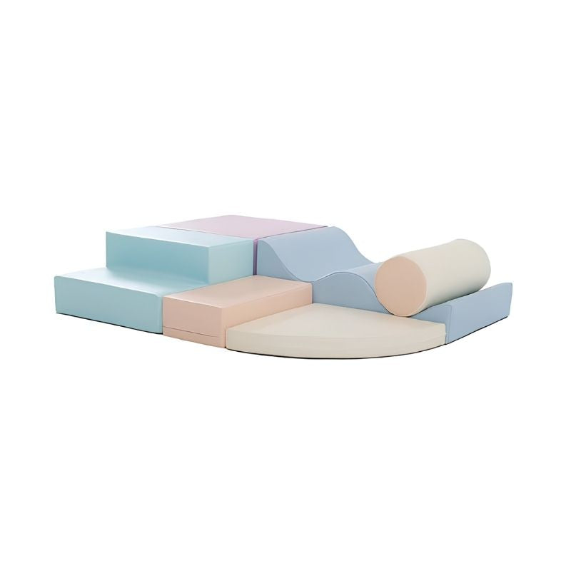 IGLU Explorer Soft Play Set in a mint, blush and powder blue pastel colourway, six foam shapes arranged for toddler climbing and crawling