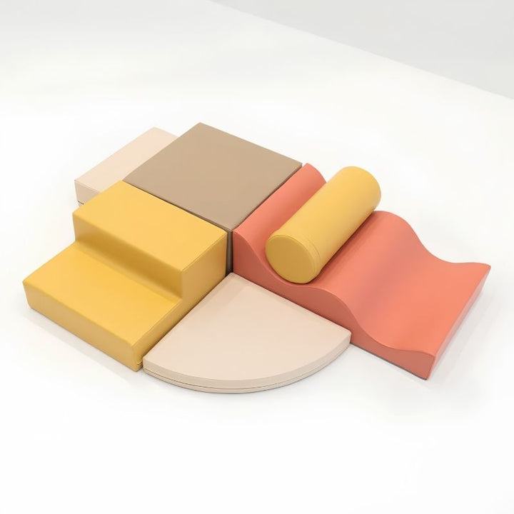 IGLU Explorer Soft Play Set in a yellow and terracotta colourway, shown from an angled view for toddler climbing and crawling