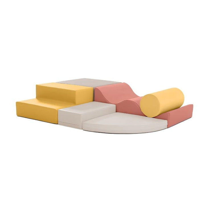 IGLU Explorer Soft Play Set in a yellow, pink and grey colourway, six foam shapes for toddler climbing and crawling