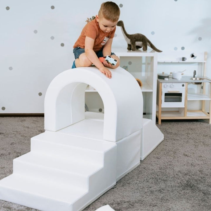 Close-up of IGLU Imagination Tunnel foam shapes showing eco-leather cover texture and rounded safe edges for toddler soft play