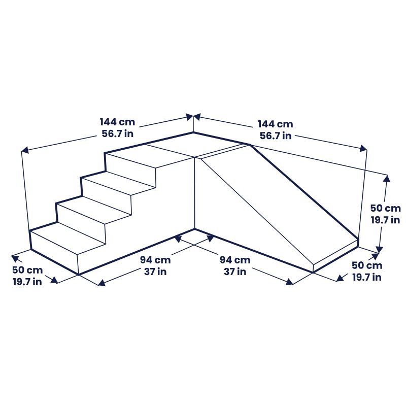 Dimensions diagram for the IGLU Mini Corner Gym soft play corner gym showing step and slide measurements in centimeters and inches
