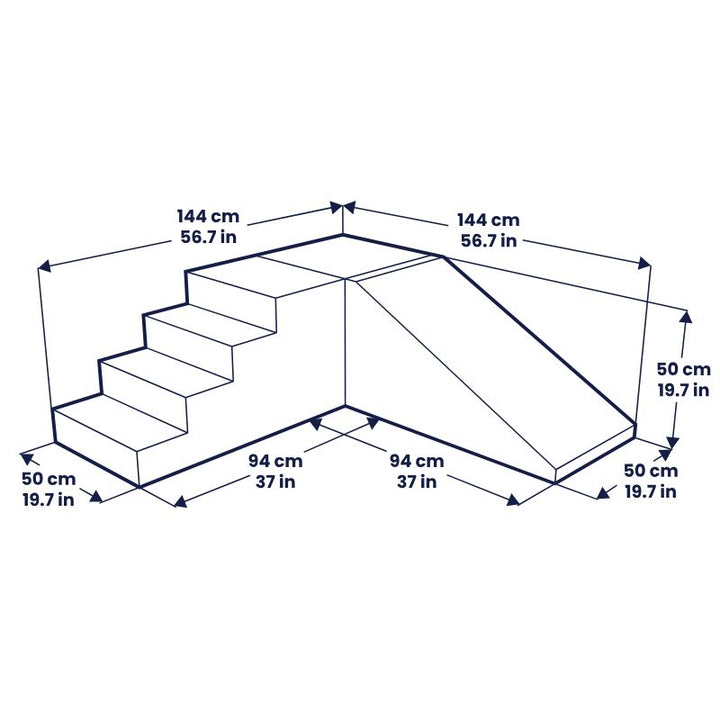 Dimensions diagram for the IGLU Mini Corner Gym soft play corner gym showing step and slide measurements in centimeters and inches