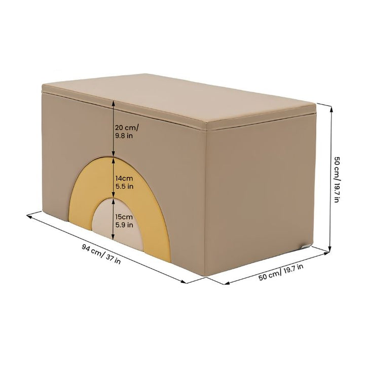Dimension diagram for the IGLU Rainbow Bridge Soft Play Set Beige/Honey variant showing overall dimensions of 94 cm long by 50 cm wide by 50 cm tall, with arch clearance measurements for each of the three foam pieces