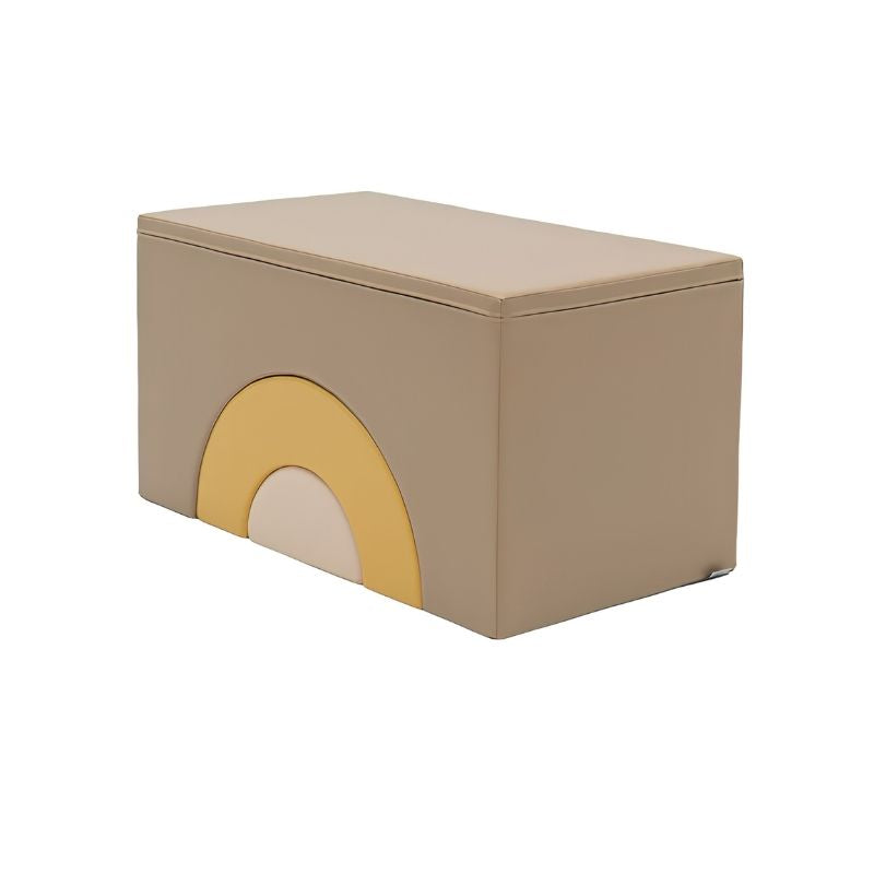 Angled three-quarter view of the IGLU Rainbow Bridge Soft Play Set in Beige/Honey, showing the top surface and arched front face of the stacked foam climbing set for toddlers