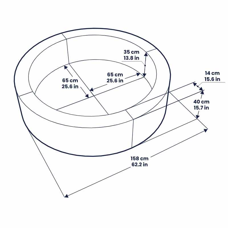 IGLU Round Ball Pit dimension diagram showing 158 cm outer diameter, 65 cm inner diameter, 40 cm wall height and 35 cm wall width