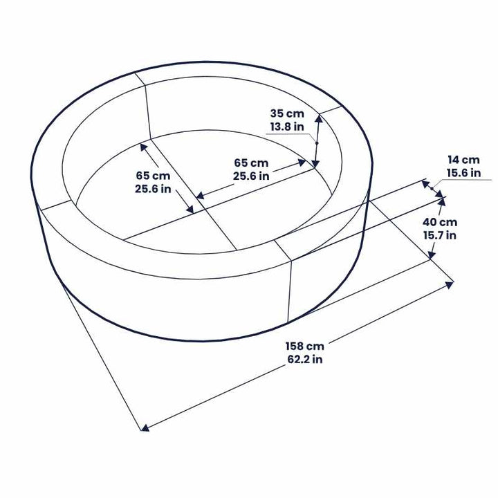 IGLU Round Ball Pit dimension diagram showing 158 cm outer diameter, 65 cm inner diameter, 40 cm wall height and 35 cm wall width