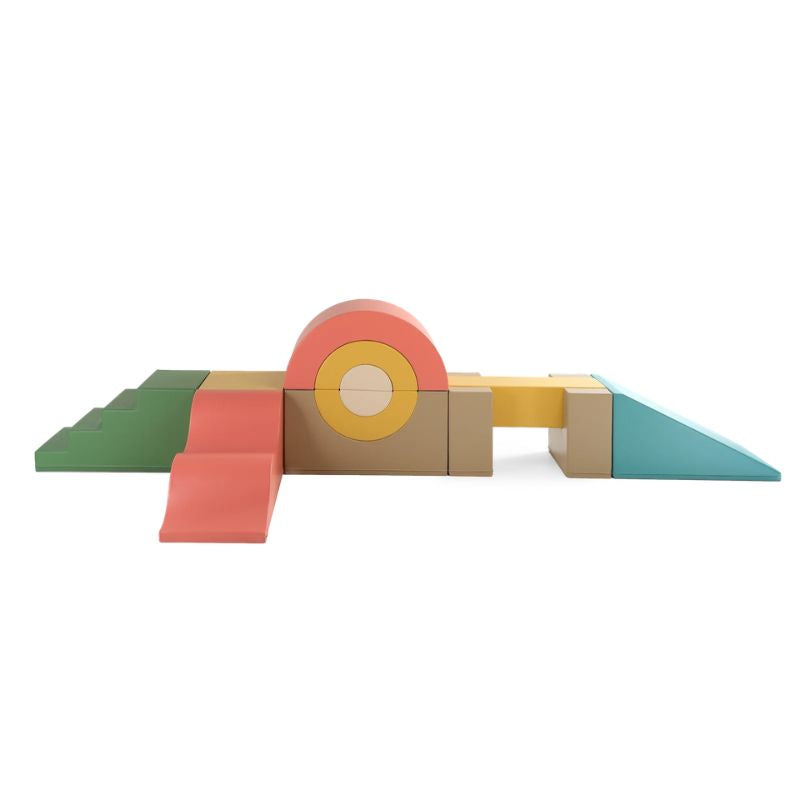Front view of the IGLU Soft Play Gym multi-colour set, showing the full modular layout of climbing and sliding pieces