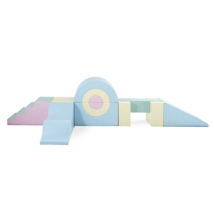 IGLU Soft Play Gym in a pastel blue build, a modular sensory gym with stairs, an arch tunnel and a ramp for indoor active play
