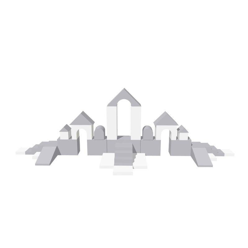Full layout of the IGLU Soft Play Mega Castle Set showing all foam block pieces spread across a play space of at least 3m x 3m