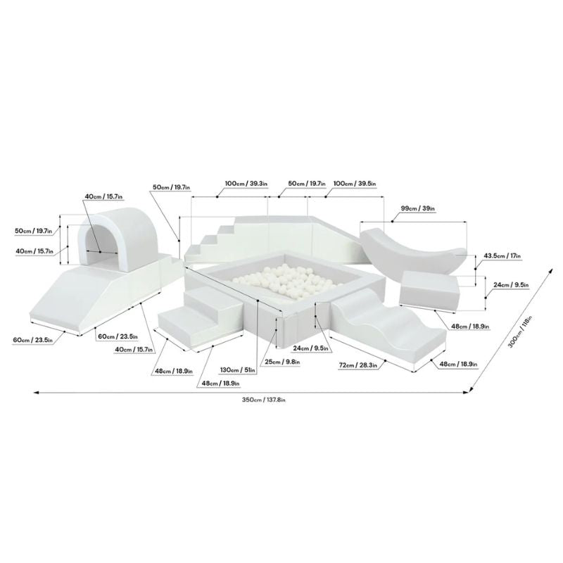 IGLU Soft Play Party Set dimension diagram showing full layout measurements of 350cm x 299.7cm x 79.8cm for soft play room planning