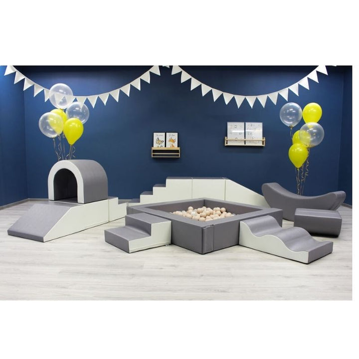 IGLU Soft Play Party Set in grey and white, 8-piece foam climbing and sliding set for toddlers and children