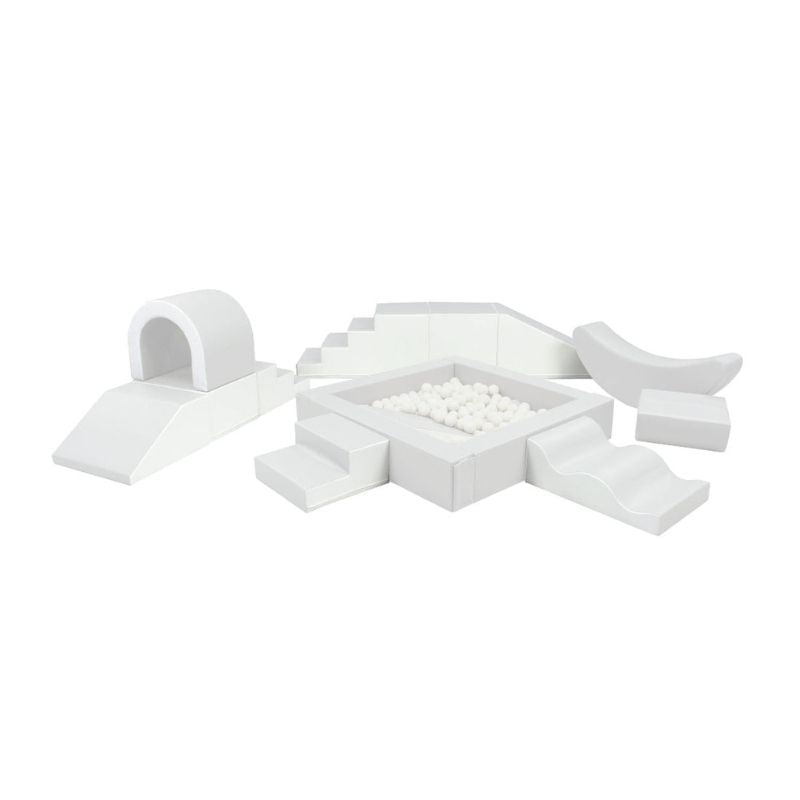 Clean product view of the IGLU Soft Play Party Set in white, showing all 8 foam play pieces including the ball pit and tunnel