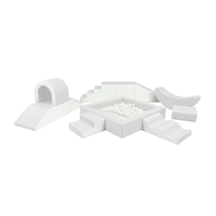 Clean product view of the IGLU Soft Play Party Set in white, showing all 8 foam play pieces including the ball pit and tunnel