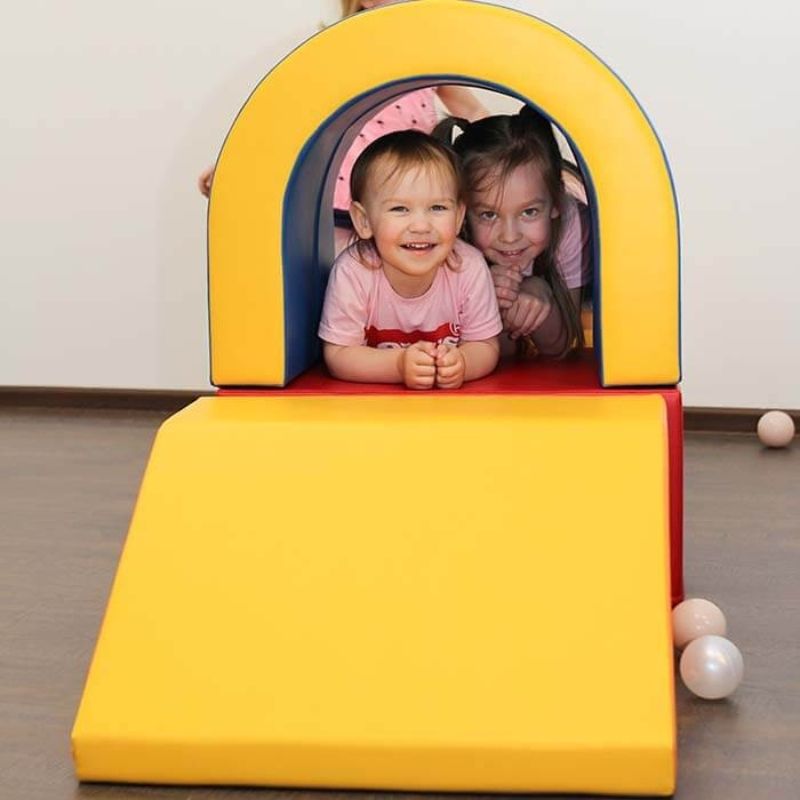 IGLU Soft Play Imagination Tunnel set in beige and white, handmade European soft play equipment for toddlers and early childhood spaces