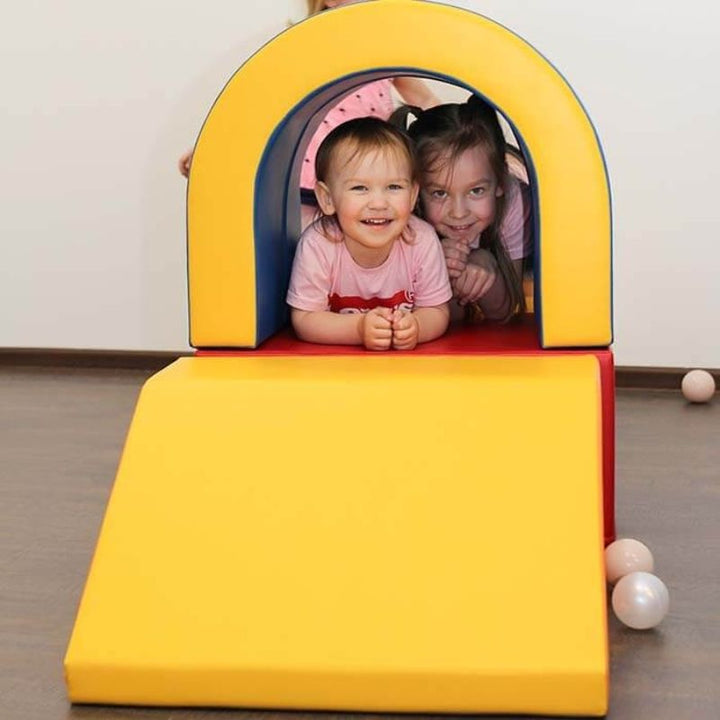 IGLU Soft Play Imagination Tunnel set in beige and white, handmade European soft play equipment for toddlers and early childhood spaces