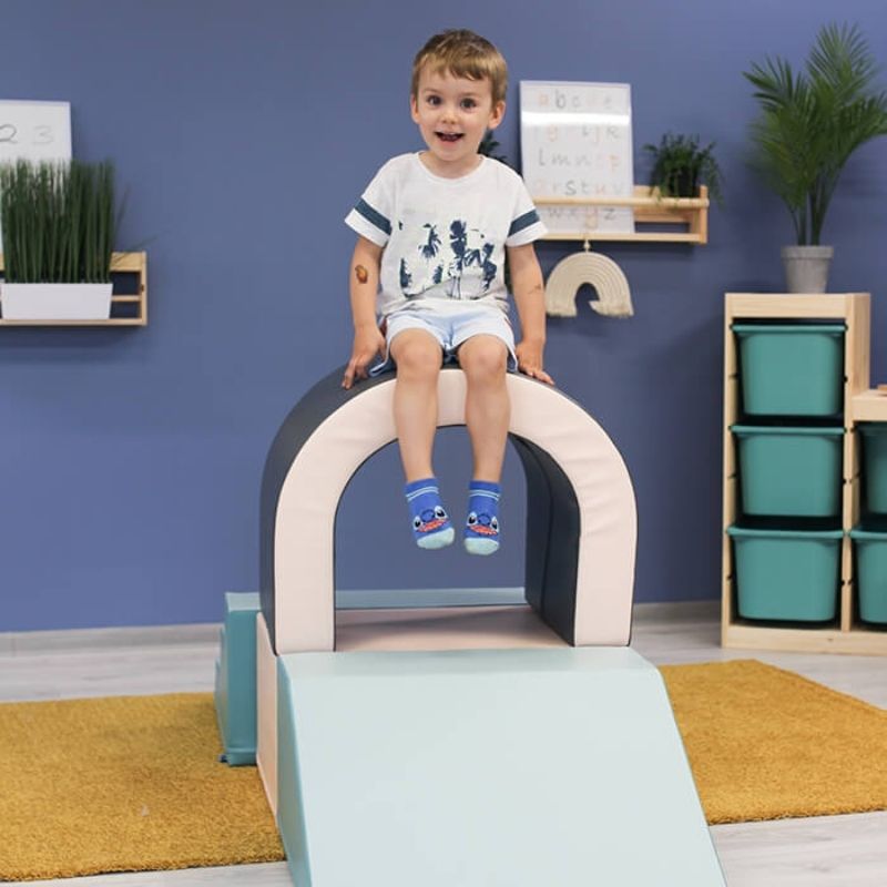 IGLU Soft Play Imagination Tunnel set in grey and white, modular foam blocks for crawling, climbing and gross motor skill development
