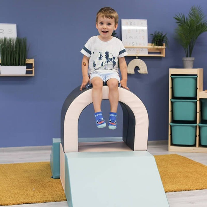 IGLU Soft Play Imagination Tunnel set in grey and white, modular foam blocks for crawling, climbing and gross motor skill development