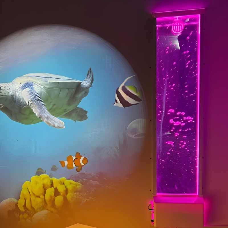 TFH Infinity Bubble Wall glowing pink in a themed sensory room with an ocean projection alongside it, a wall-mounted sensory light for calming visual play