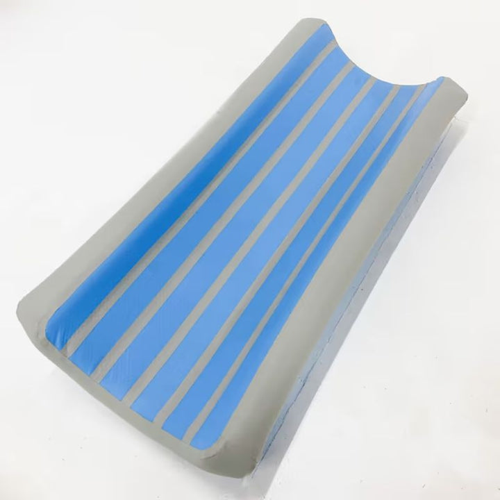 Top angled view of the TFH Inflatable Body Rocker highlighting the blue and grey striped vinyl body of this sensory rocking toy