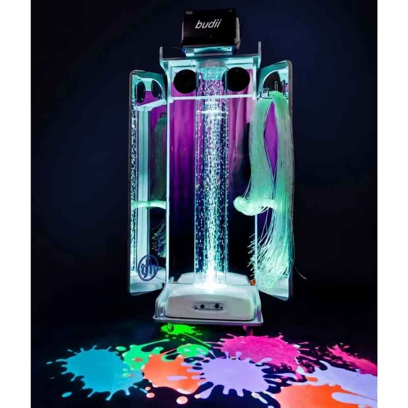 Budii interactive sensory projector mounted on a fibre optic tower unit, an interactive projector paired with sensory light equipment