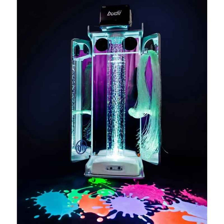 Budii interactive sensory projector mounted on a fibre optic tower unit, an interactive projector paired with sensory light equipment
