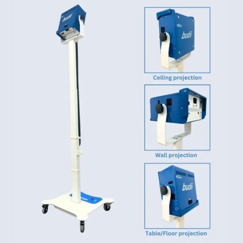 Budii interactive sensory projector flip stand shown in ceiling, wall, and table or floor projection positions