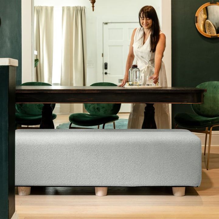 Jaxx Caya Bed Bench in silver boucle used as dining table seating, a flexible bench for home and dining spaces