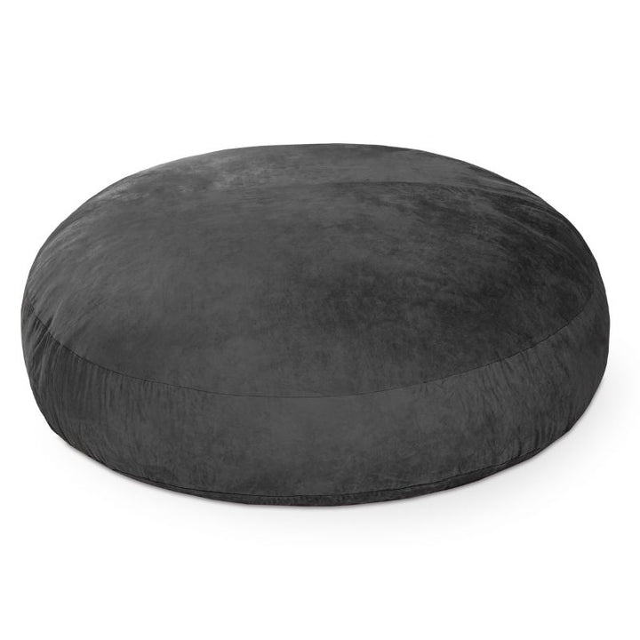Jaxx Cocoon 6ft bean bag chair in black microsuede shown flat as a crash pad, an oversized sensory lounger