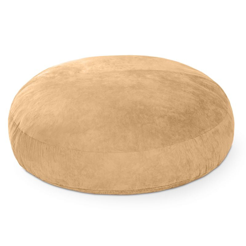 Jaxx Cocoon 6ft bean bag chair in camel microsuede shown flat as a crash pad, a giant deep pressure lounger