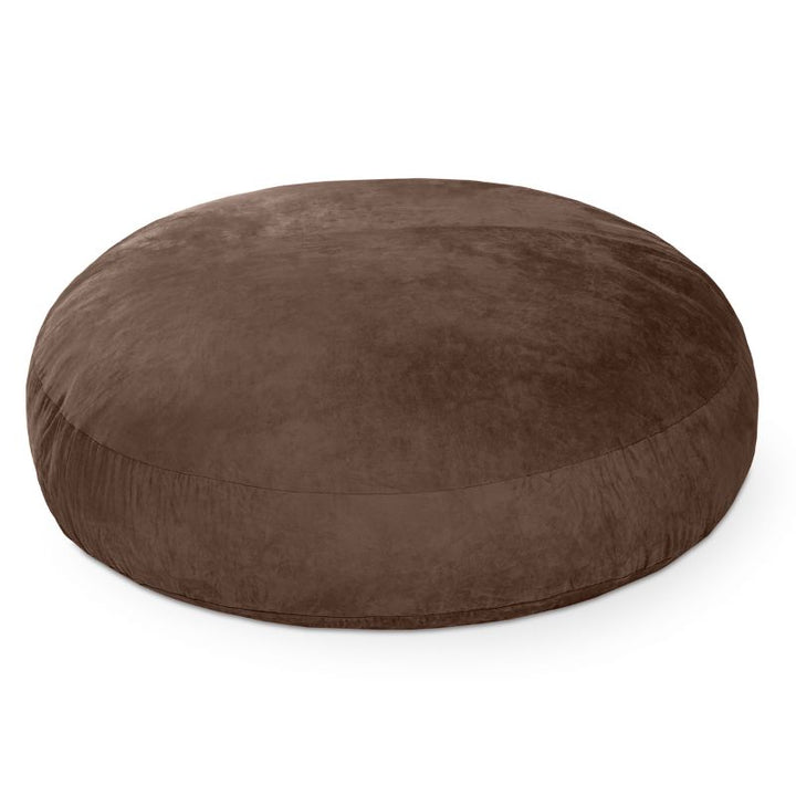 Jaxx Cocoon 6ft bean bag chair in chocolate microsuede shown flat as a crash pad, a warm-toned sensory lounger