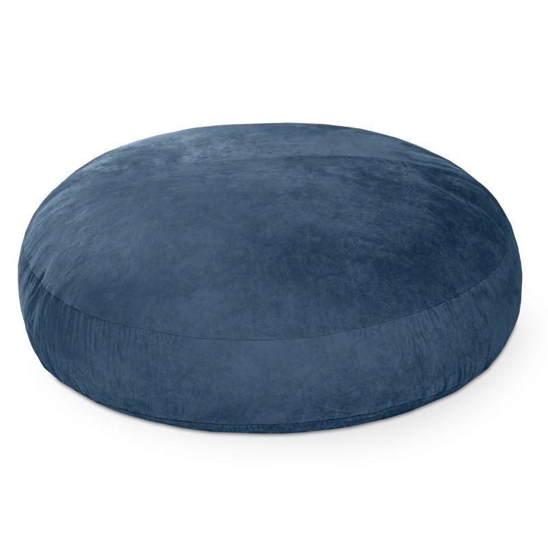 Jaxx Cocoon 6ft bean bag chair in navy microsuede shown flat as a crash pad, a calming oversized sensory seat