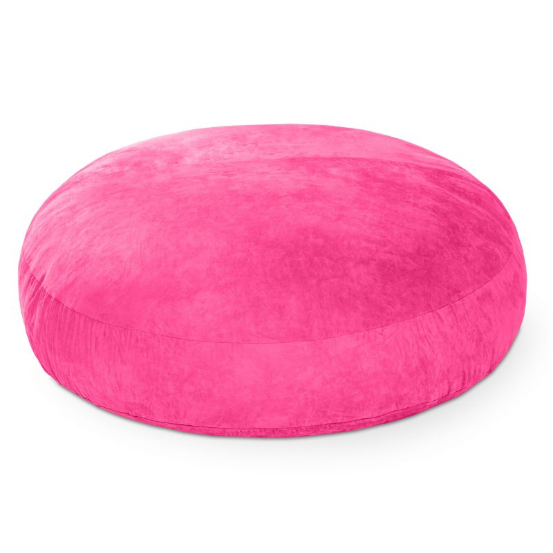 Jaxx Cocoon 6ft bean bag chair in pink microsuede shown flat as a crash pad, a bright giant sensory lounger