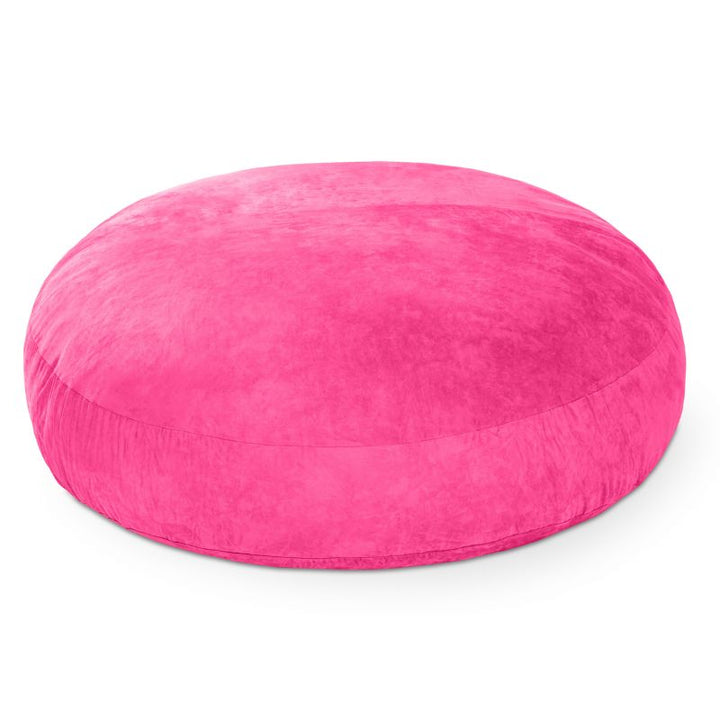 Jaxx Cocoon 6ft bean bag chair in pink microsuede shown flat as a crash pad, a bright giant sensory lounger