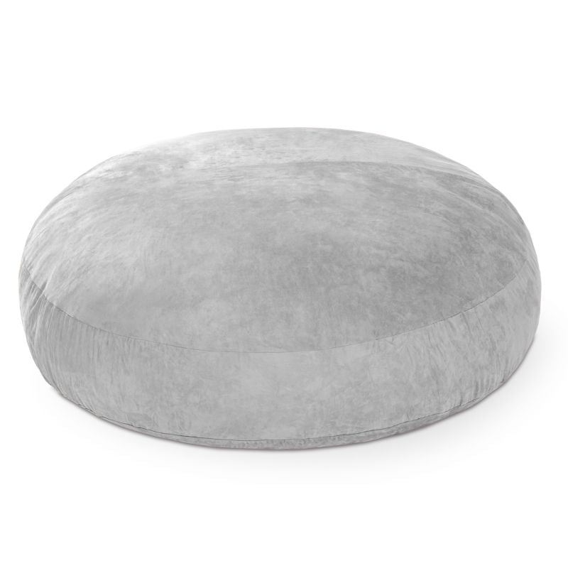 Jaxx Cocoon 6ft bean bag chair in platinum microsuede shown flat as a crash pad, a neutral giant sensory lounger