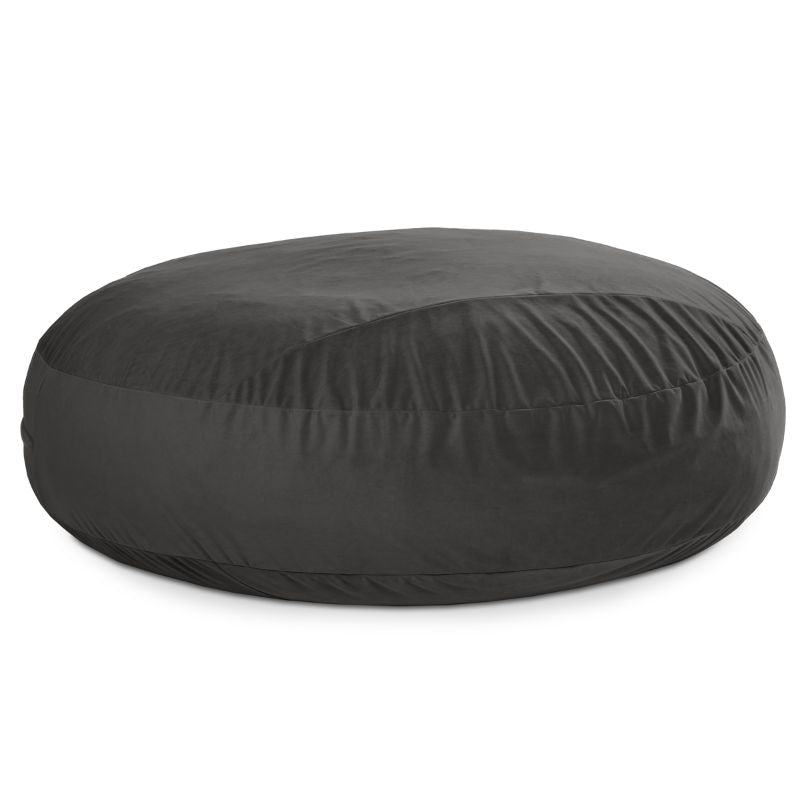 Jaxx Cocoon 7ft XL bean bag chair in black lush velvet shown flat, the largest sensory crash pad and lounger